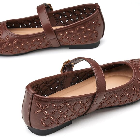 Women's Coffee Ballet Squared Toe Ankle Strap PU Comfortable Dressy Flats Shoes - Picture 5 of 6